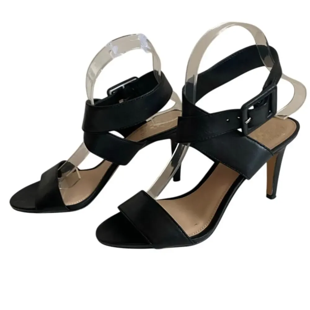 vince camuto Black Leather Wrap Around Casara Sandal heels Size 7.5 37.5